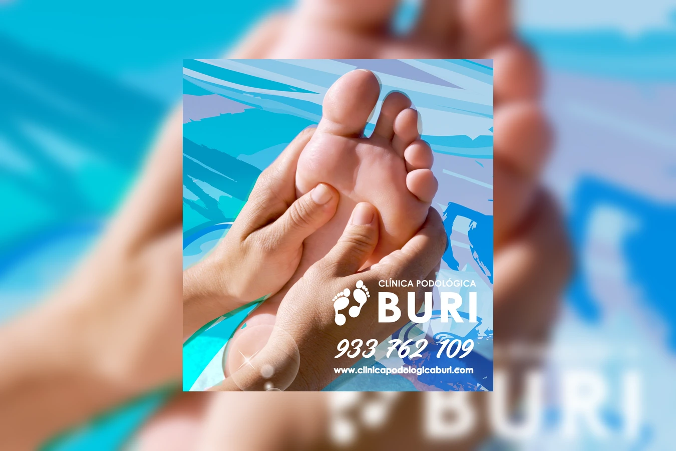 Gráfica corporativa de la Clínica Podológica Buri aplicada a soporte visual promocional