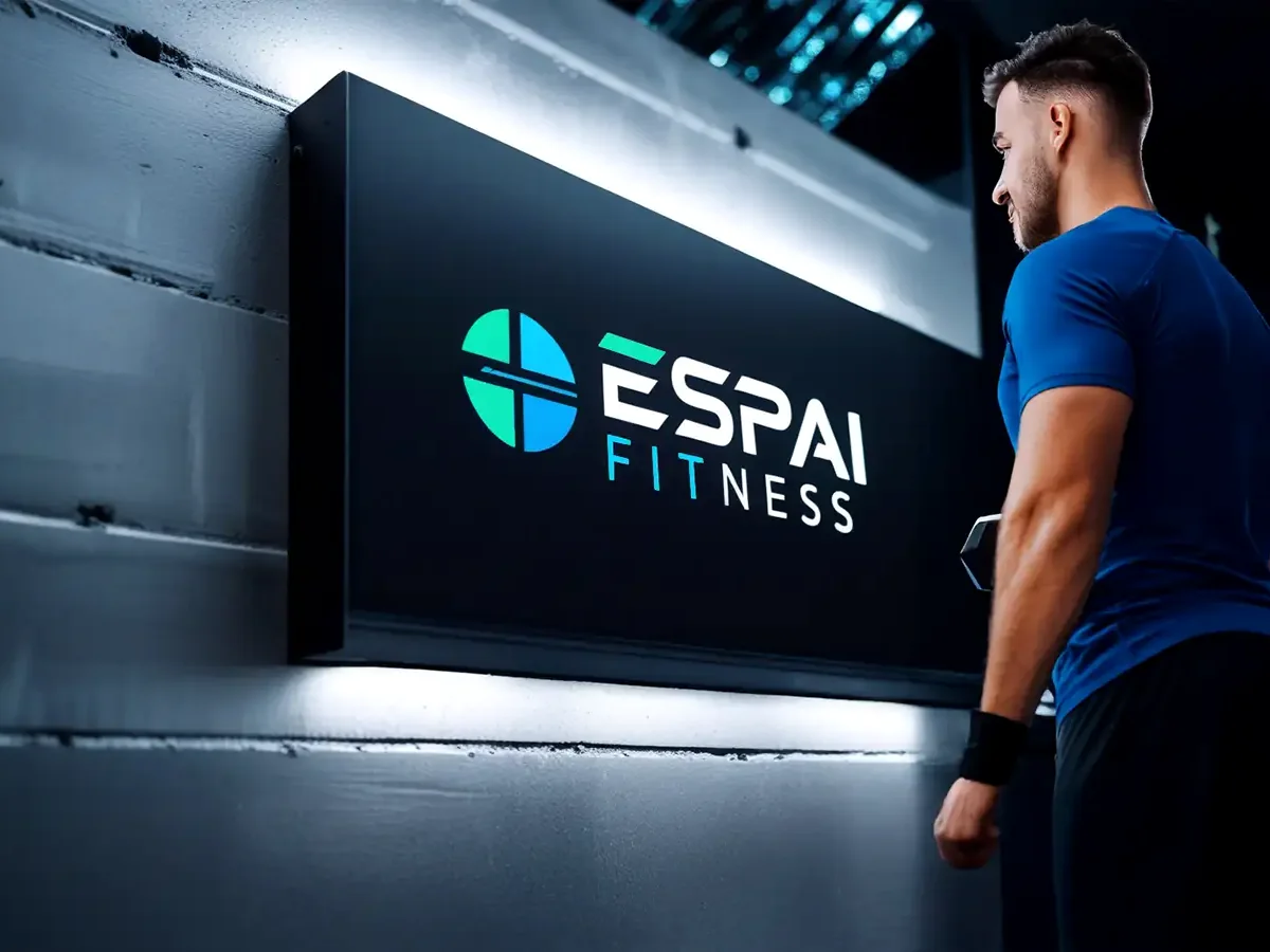 Rótulo luminoso de gimnasio visible en un espacio interior