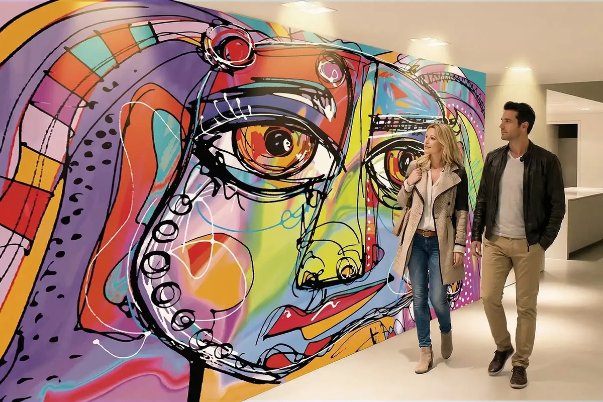 Mural gráfico de gran formato en un espacio interior