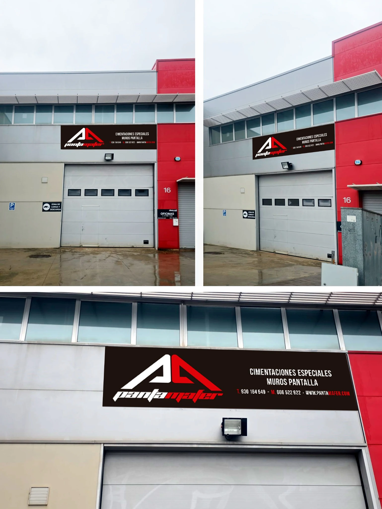 Rótulo corporativo instalado en la fachada de una nave con oficinas técnicas