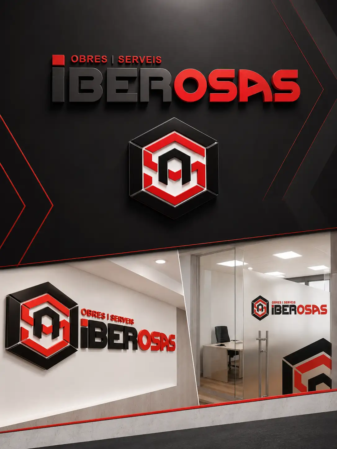 Aplicación global de la identidad corporativa de IBEROSAS en rótulos corpóreos, vinilos y espacios de oficina