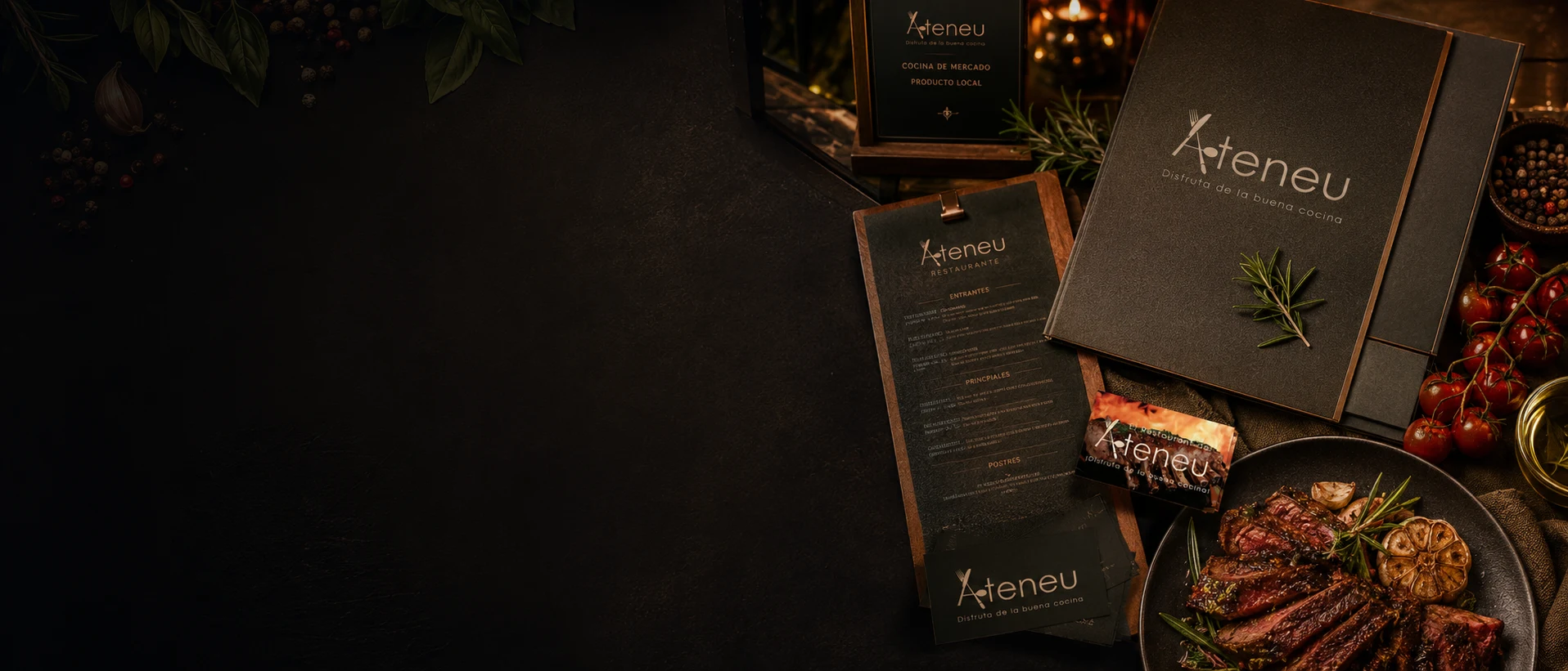Identidad visual para restaurante aplicada a cartas, menús y soportes de comunicación