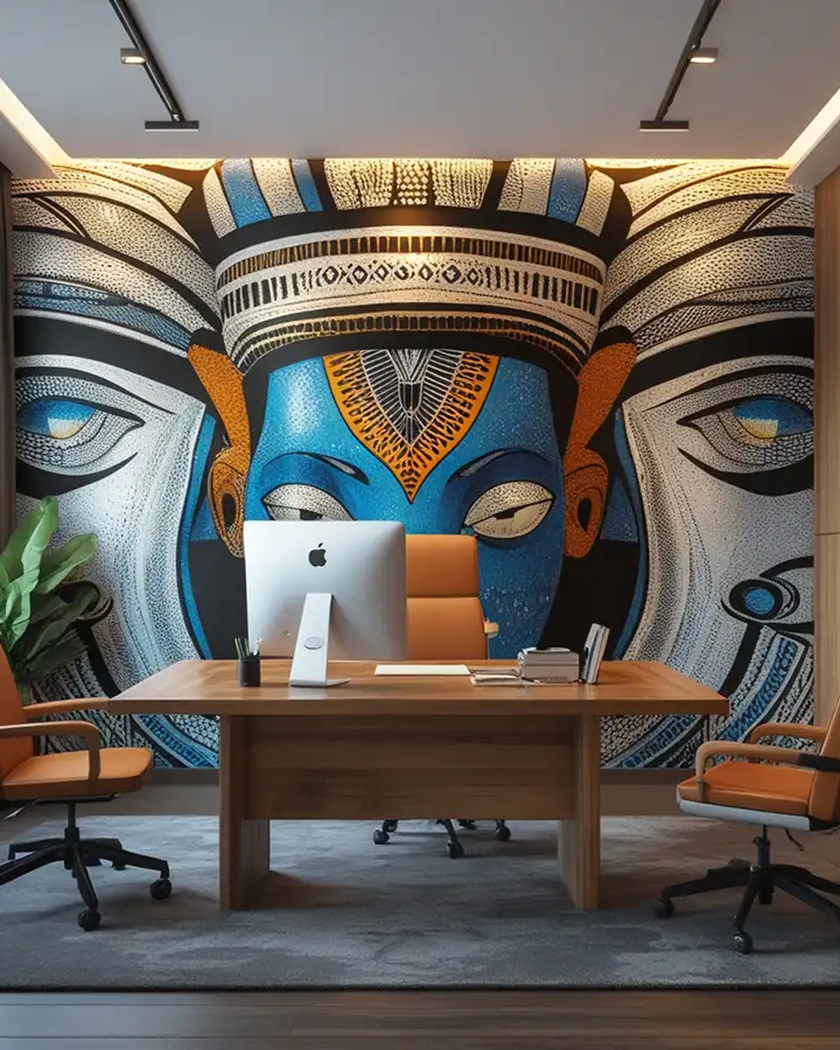 Oficina decorada con un mural artístico de gran formato