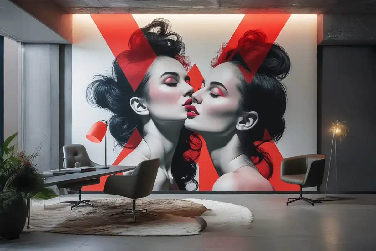 Decoración comercial interior con mural corporativo de gran formato