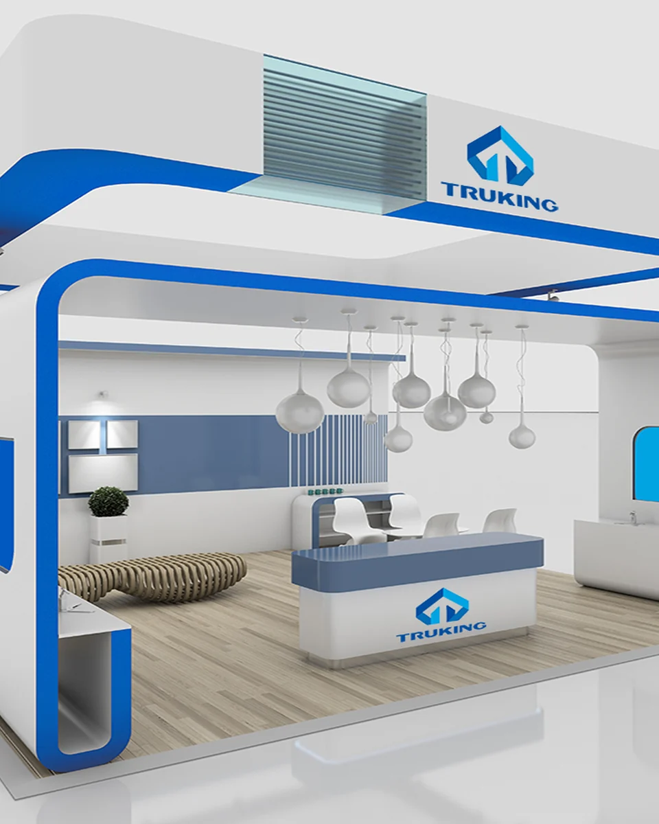 Diseño tridimensional de un stand profesional con mostrador y zona de atención