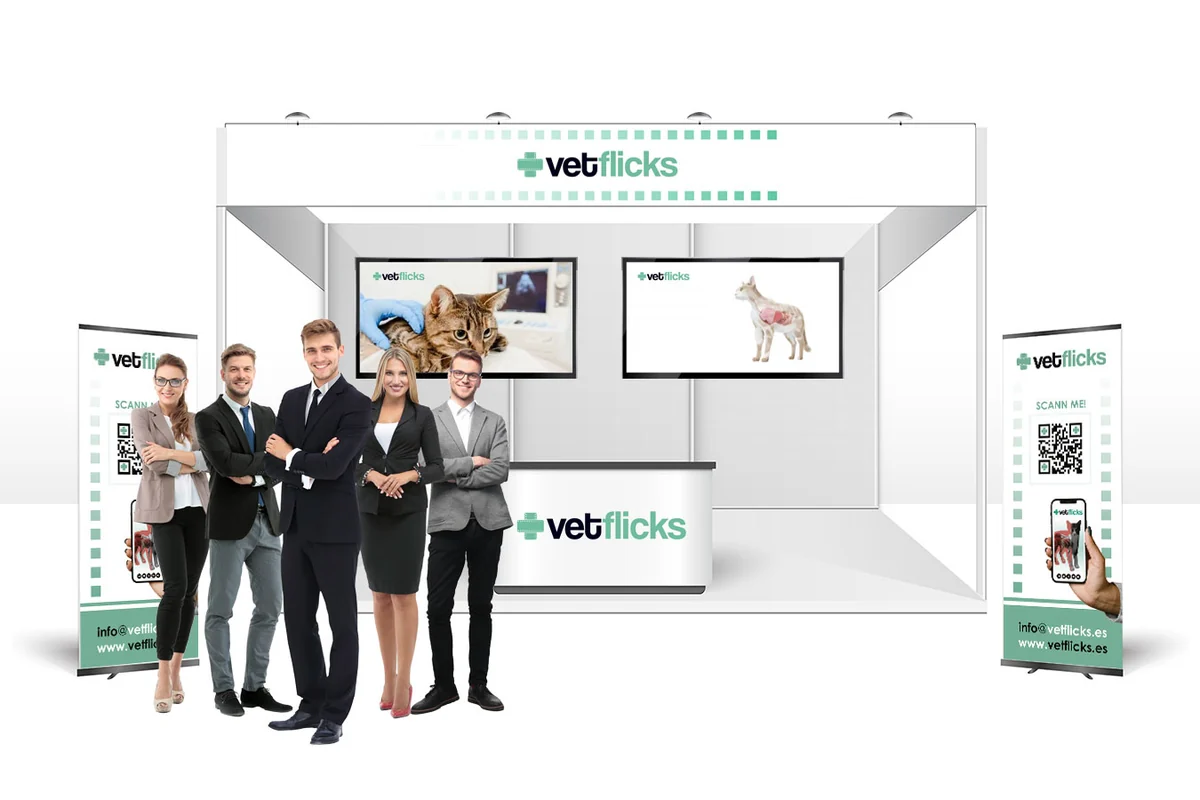 Stand modular de feria con mostrador, pantalla y paneles gráficos
