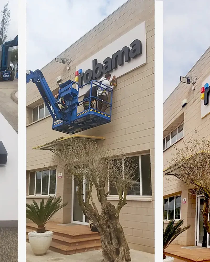 Instalación de un nuevo rótulo mediante plataforma elevadora