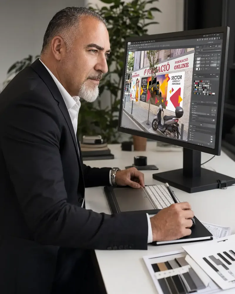 Diseñador preparando una propuesta para renovar la rotulación de un local