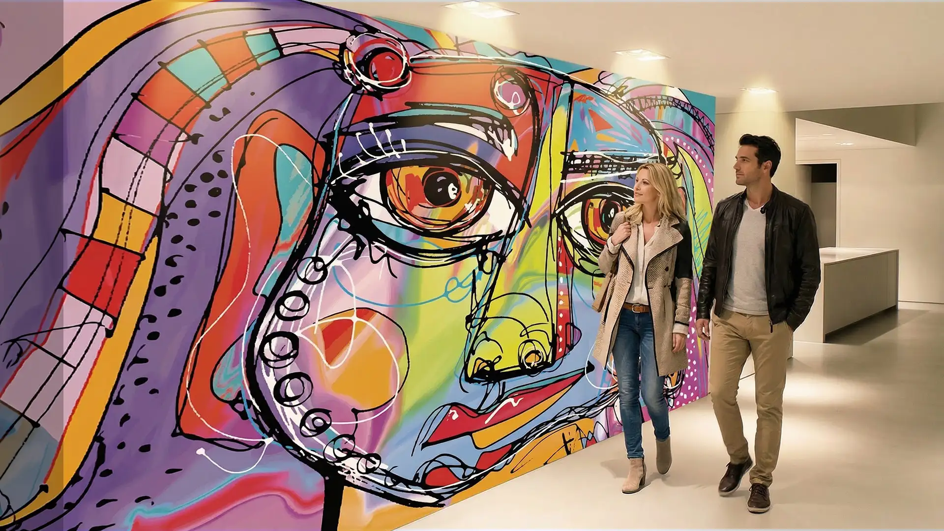 Espacio corporativo con gran gráfica mural que refuerza la identidad de marca