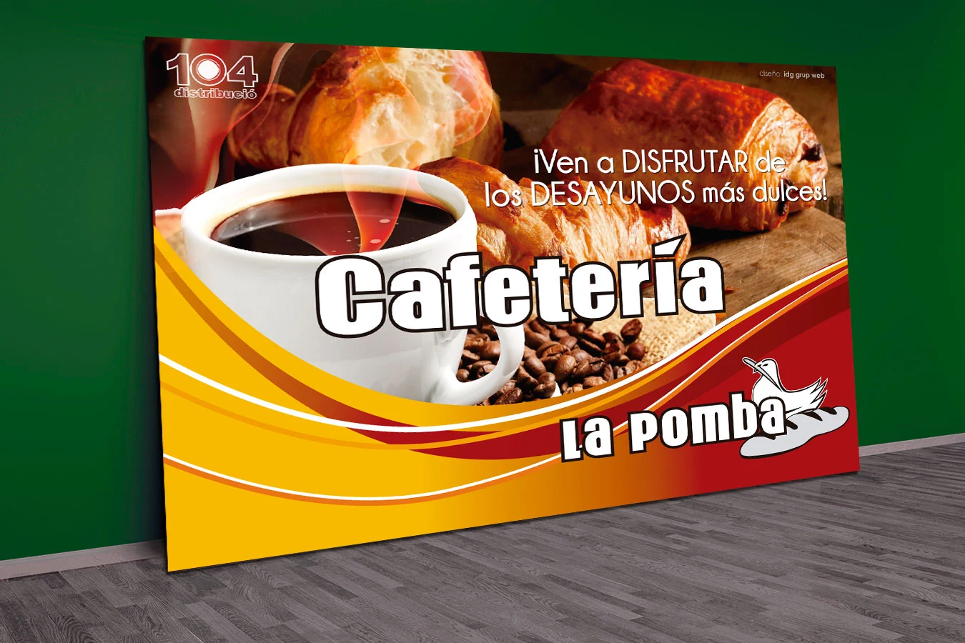 Gráfica corporativa de gran formato aplicada en el interior de una panadería