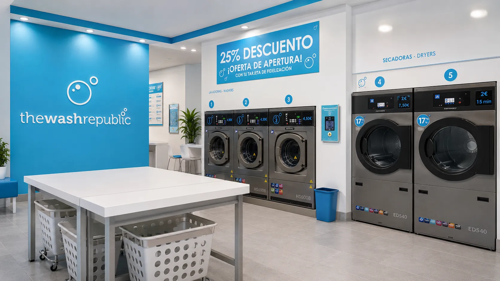 Interior de lavandería con identificación de zonas, promociones y recursos de marca