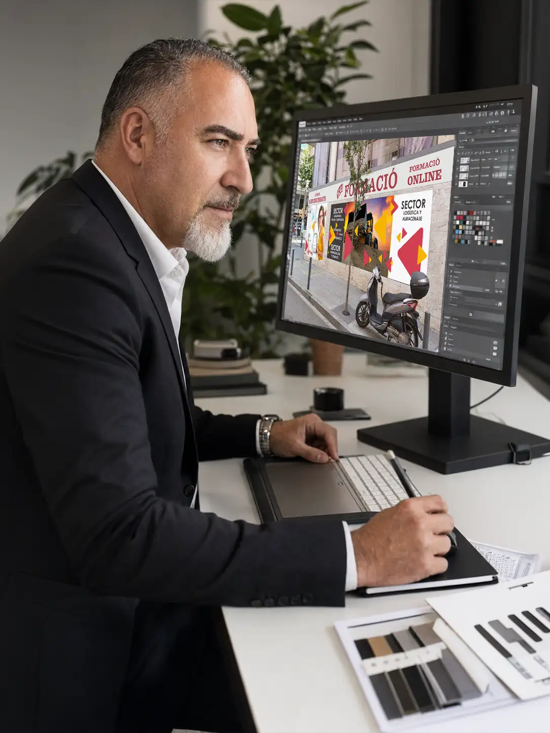 Diseñador preparando un fotomontaje de rotulación comercial antes de producir